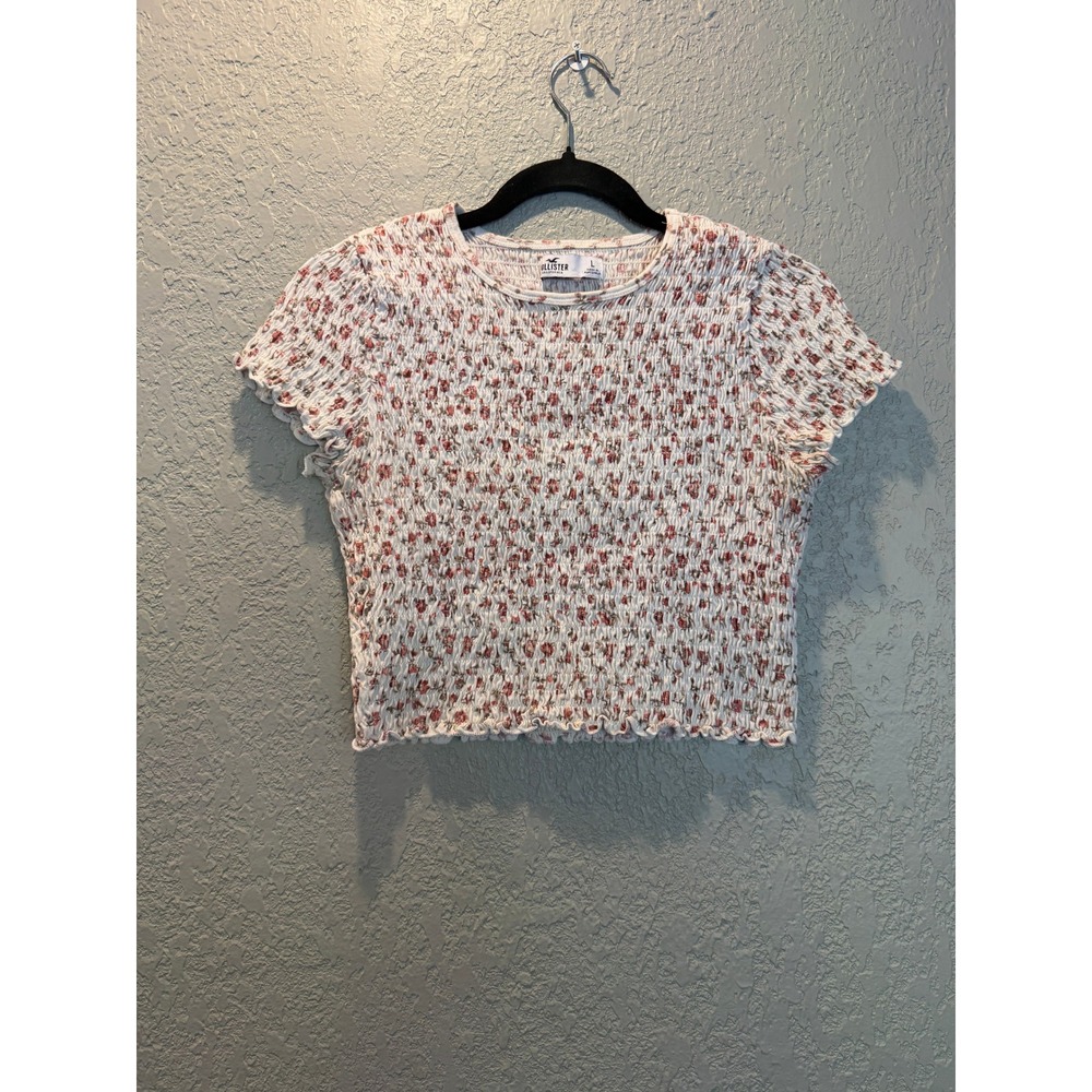 Hollister Womens Smocked Floral Crop Top White Red Ditsy Flower Short Sleeve L